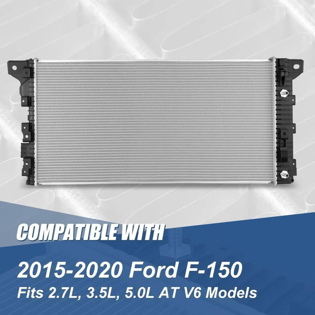 Vehicle radiator front view with silver cooling fins and black side brackets