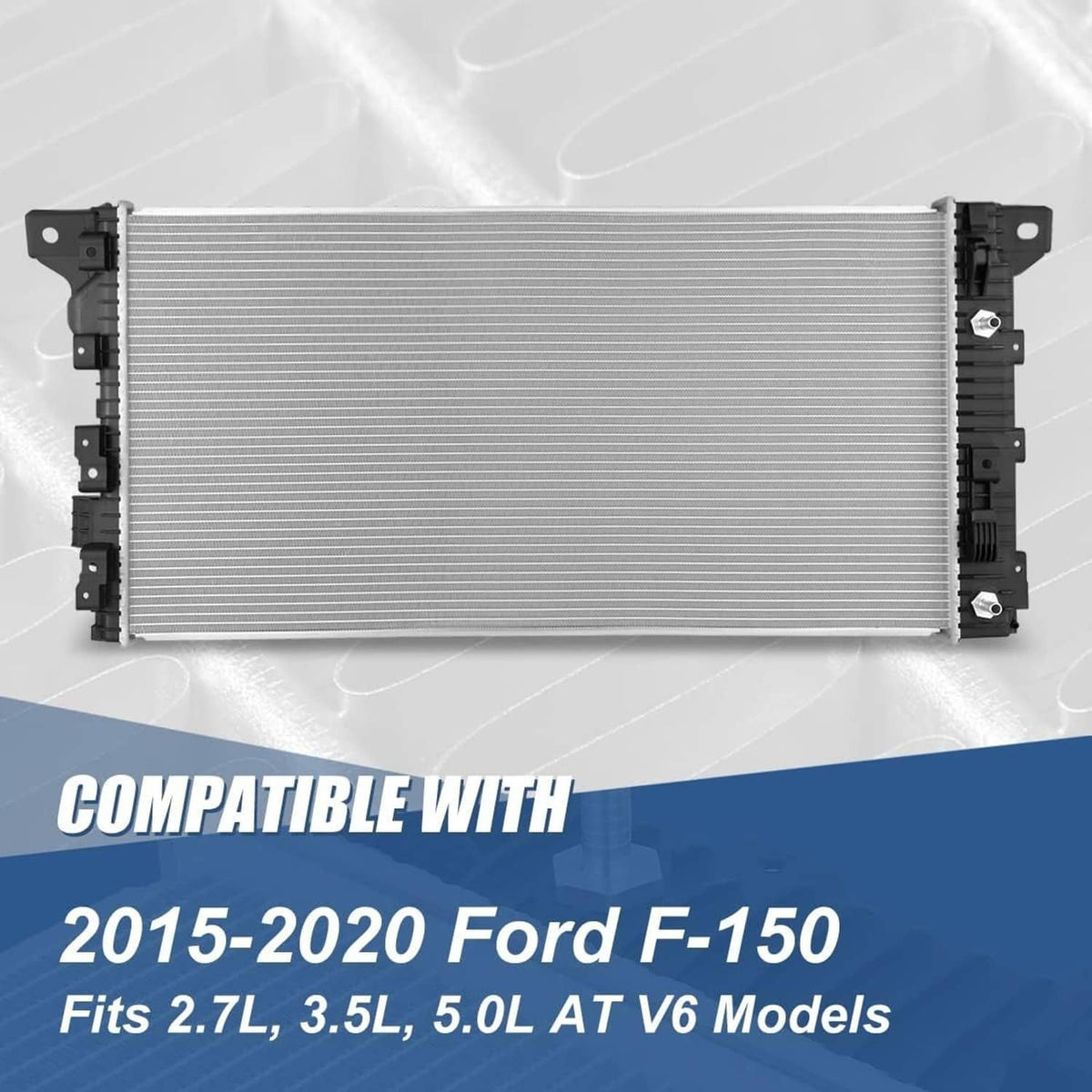 Vehicle radiator front view with silver cooling fins and black side brackets