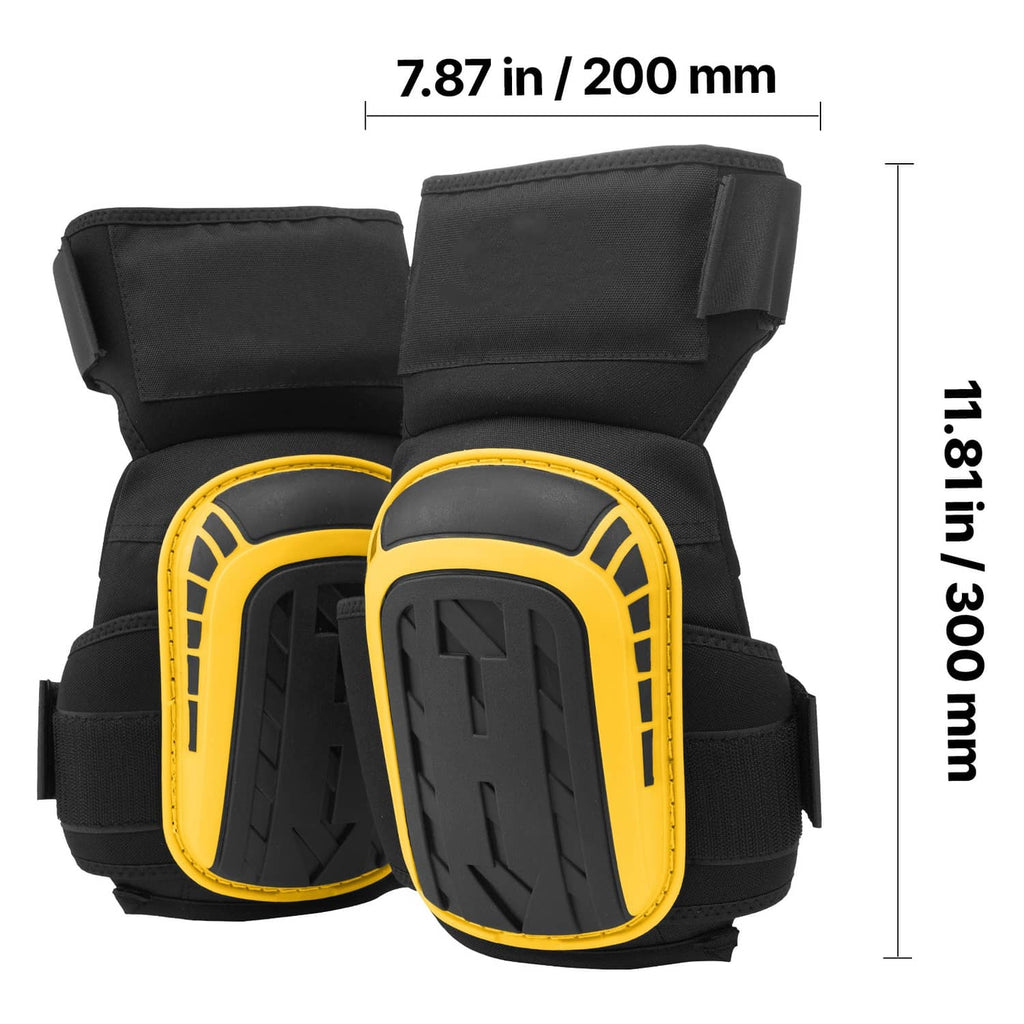 Close-up of black-and-yellow extended knee pads with front protective shells