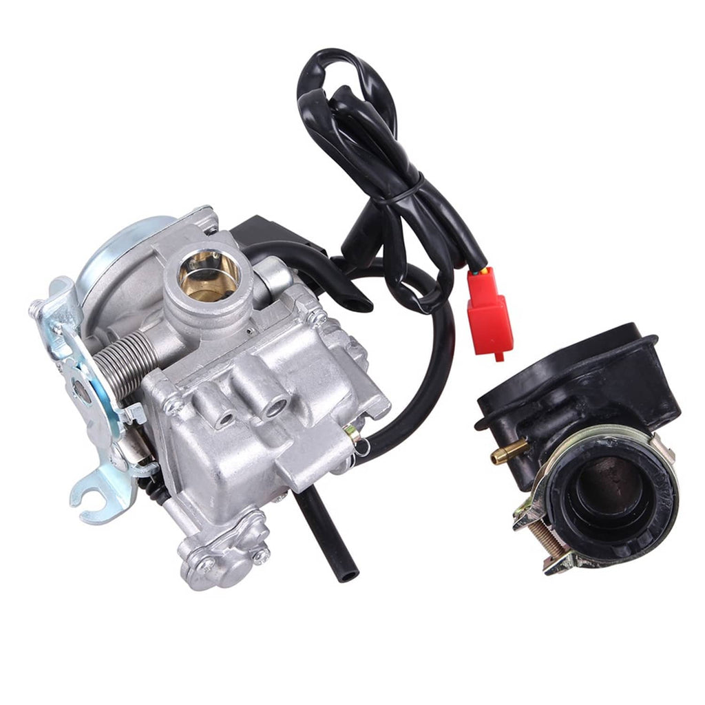 Carburetor with silver housing, black wiring, and black intake component with metal screws