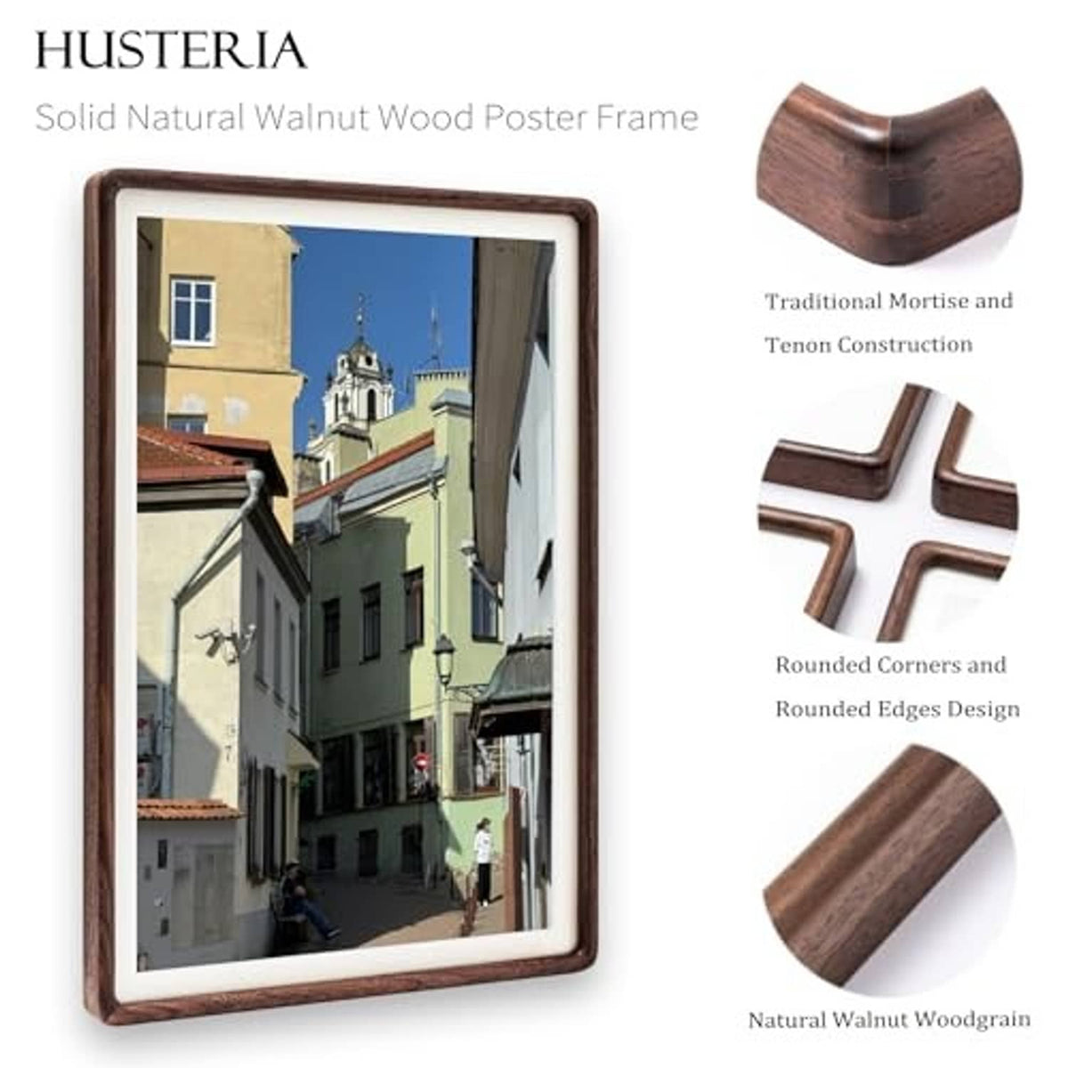 Walnut poster frame with rounded corners, displaying a city street photo
