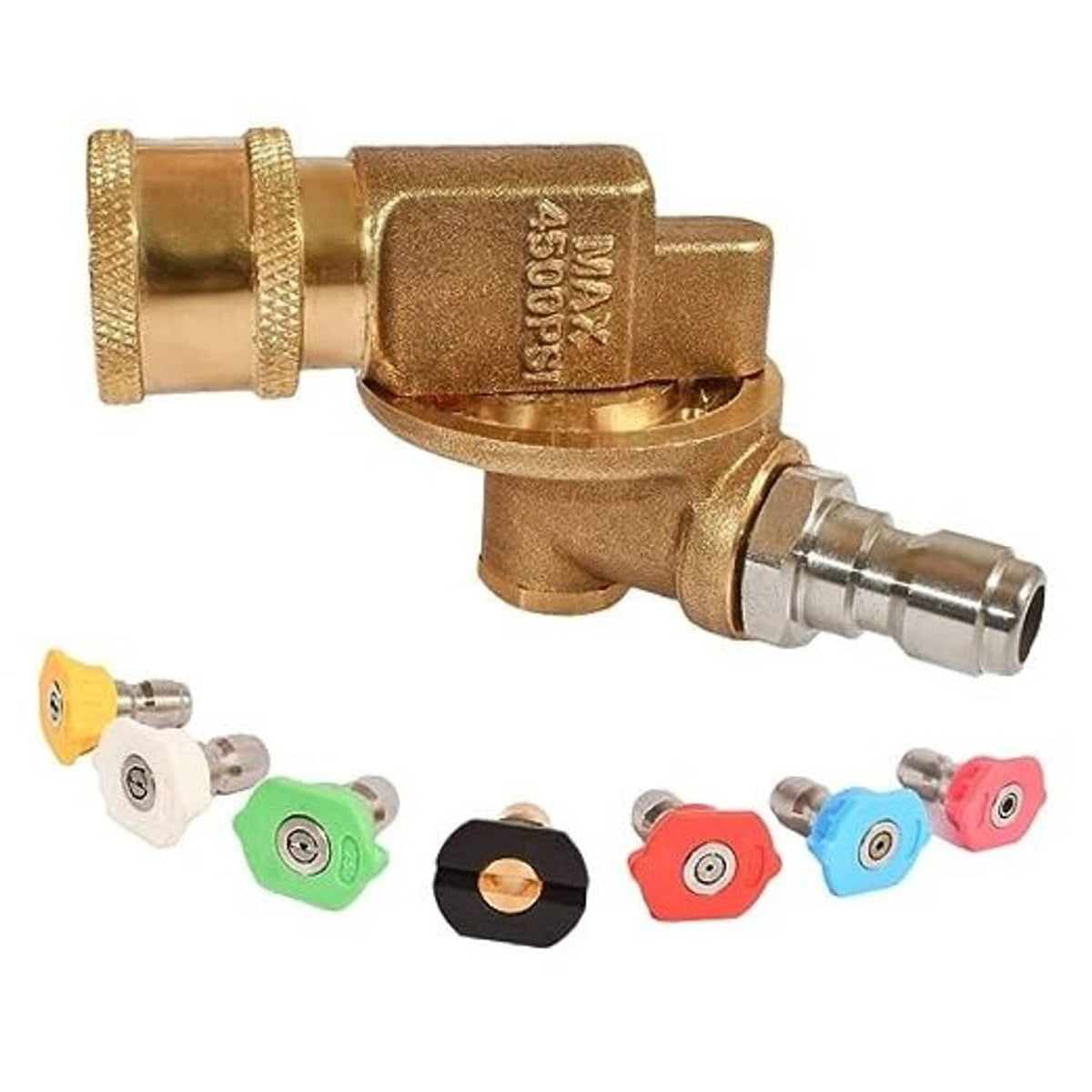 Brass pressure washer nozzle with interchangeable colored spray tips