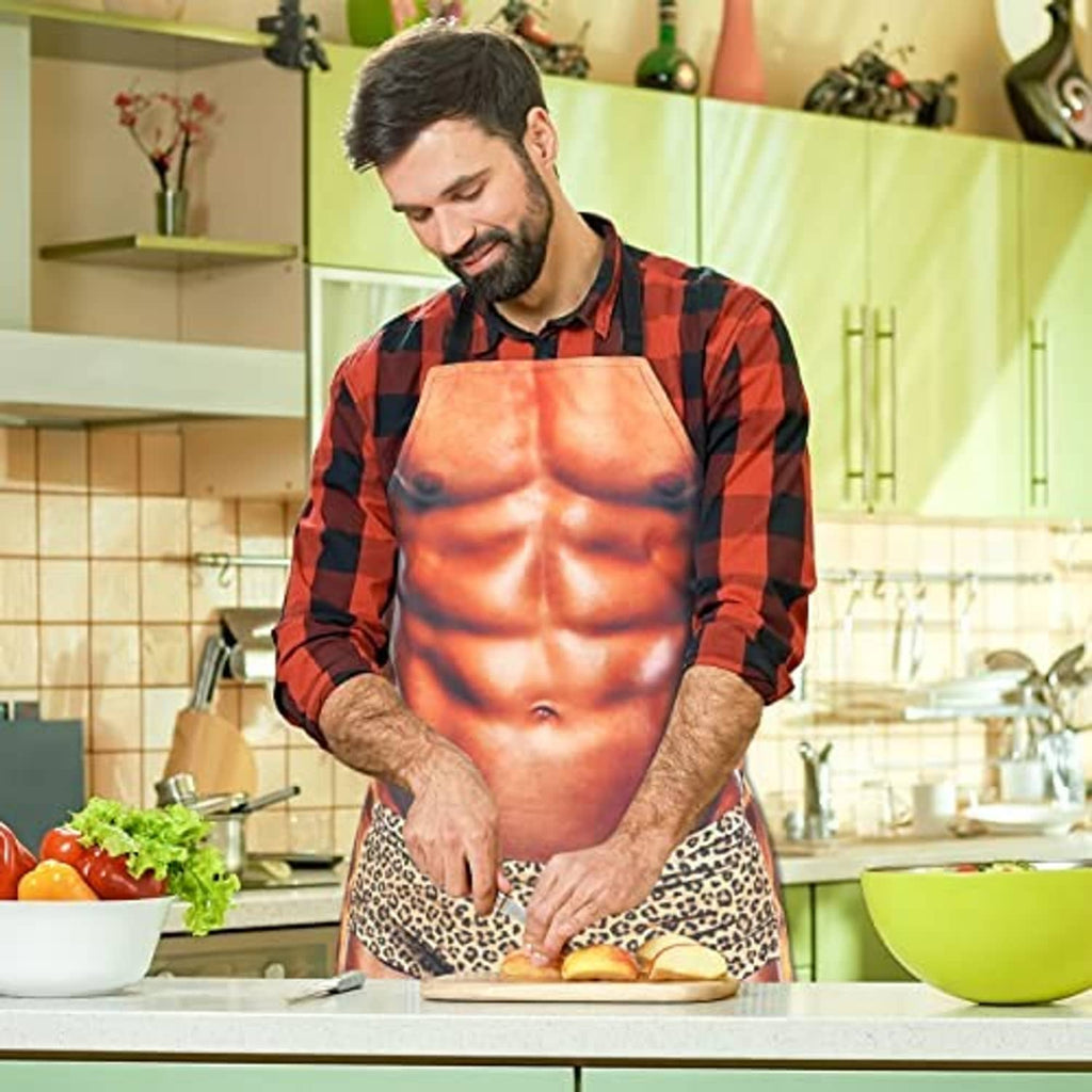 Muscular-print BBQ apron on red plaid shirt, black neck straps and leopard waist panel