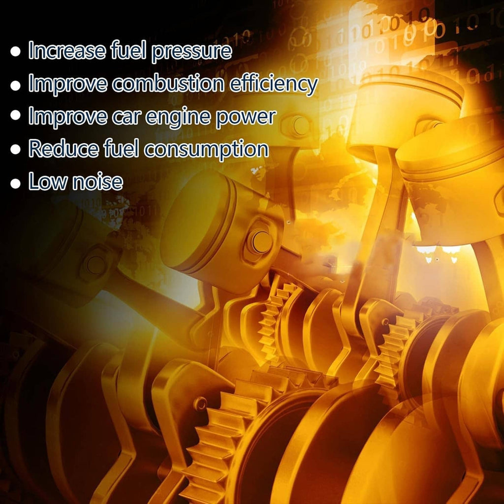 High-pressure fuel pump component used in engine system shown with performance icons