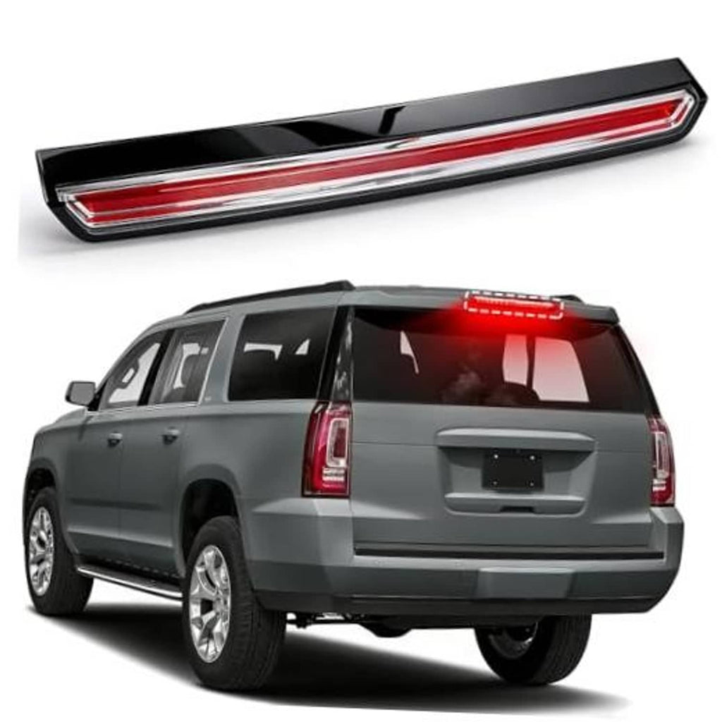High-mounted LED third brake light with red lens and black housing