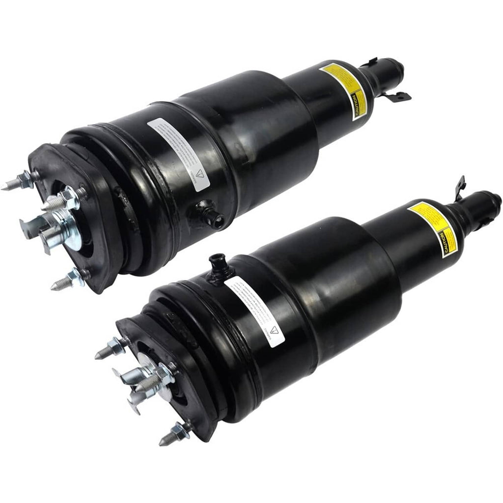 Pair of front air suspension shock struts for Lexus, black with yellow labels and mounting hardware