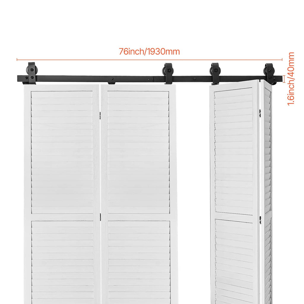 Bi-fold sliding barn door track kit mounted above four white shutter panels with rollers
