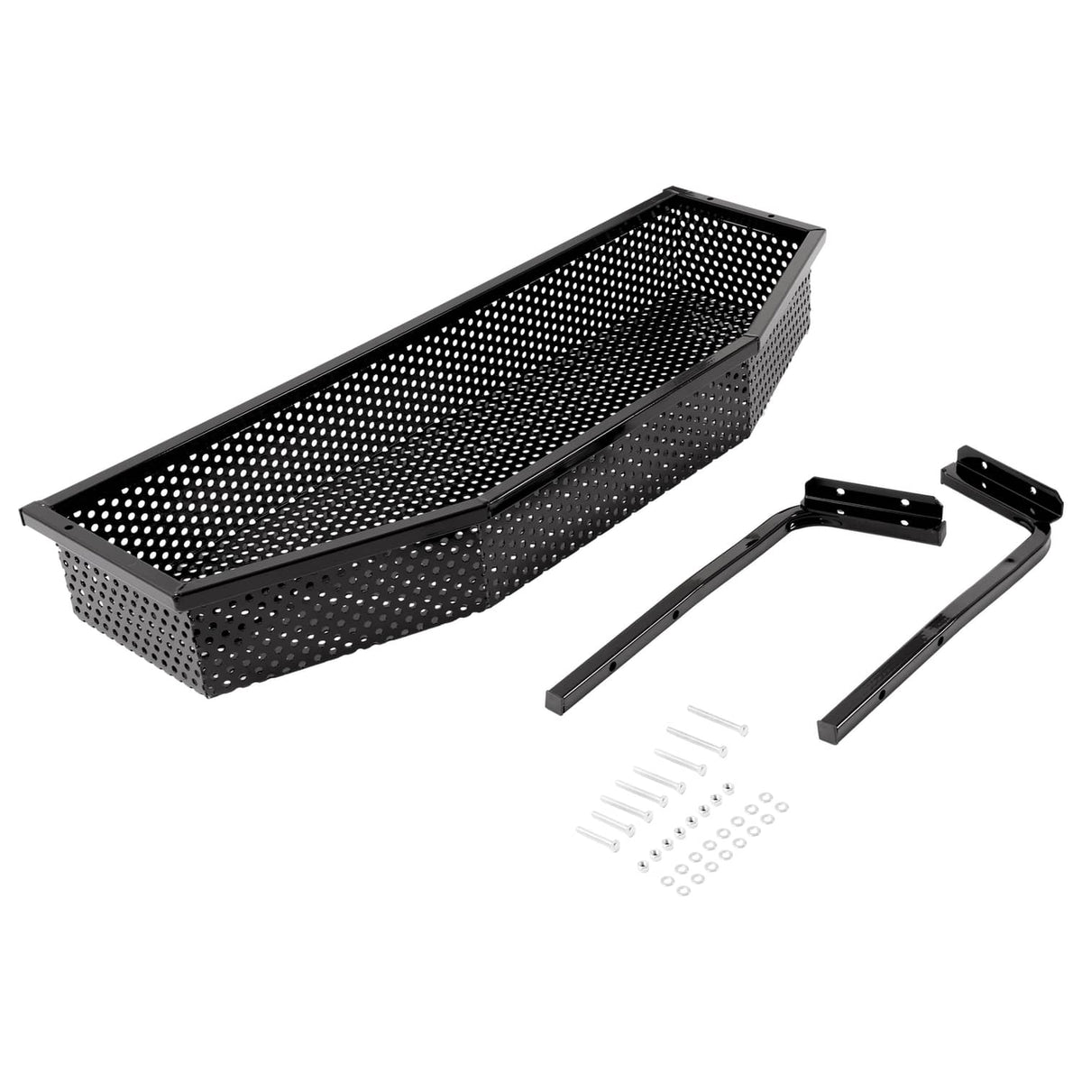 Front cargo basket with perforated tray, mounting brackets, and screws set