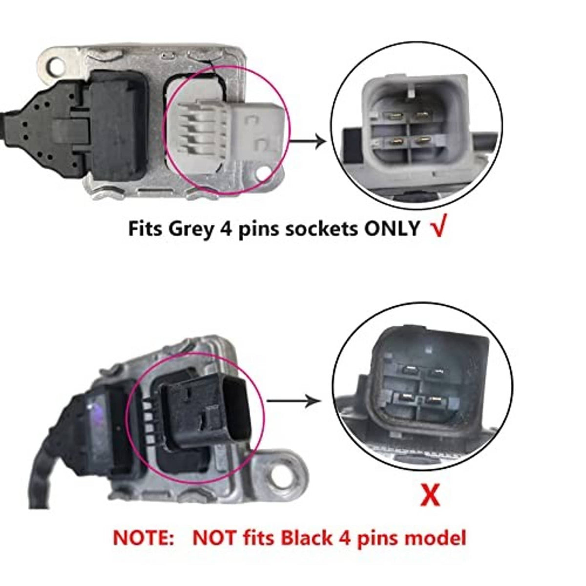 Grey 4-pin connector housing shown with black module and red/black wire harness
