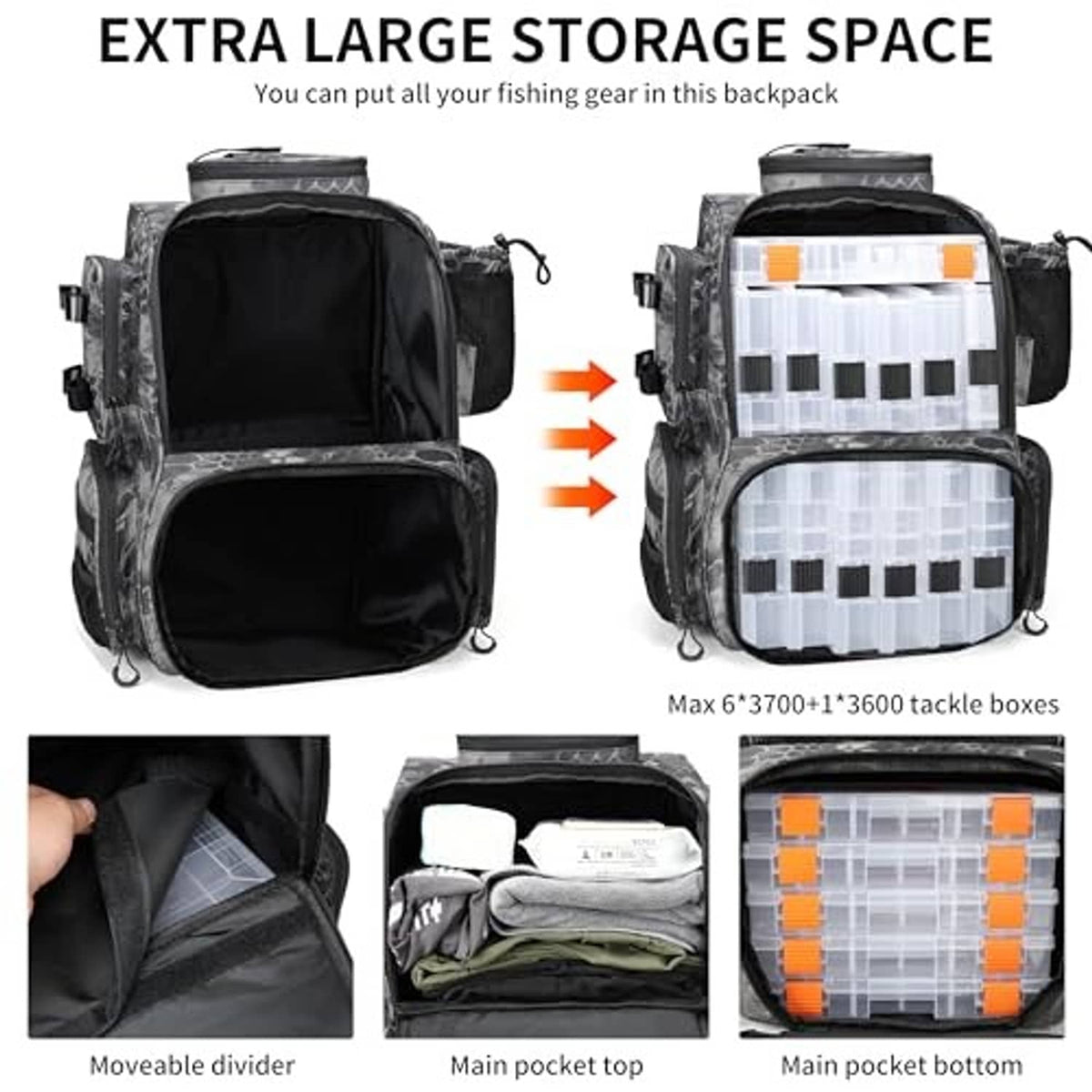 Camouflage black fishing backpack open with large storage area and white divided tackle tray