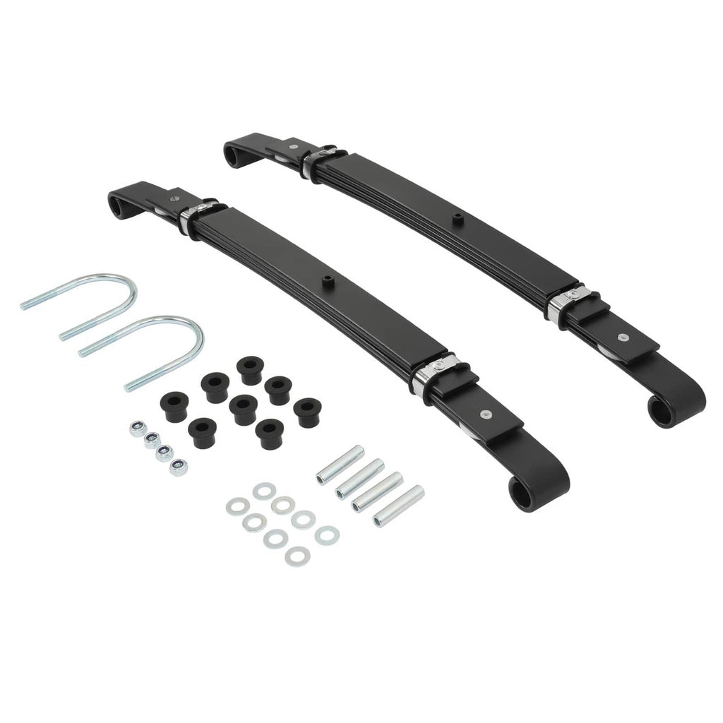 Pair of black rear leaf springs with mounting clips and included installation hardware