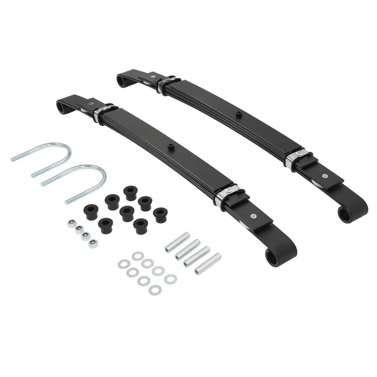 Pair of black rear leaf springs with mounting clips and included installation hardware