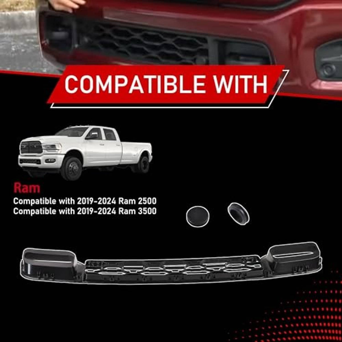 Black front bumper lower grille assembly with hex mesh pattern and two included caps