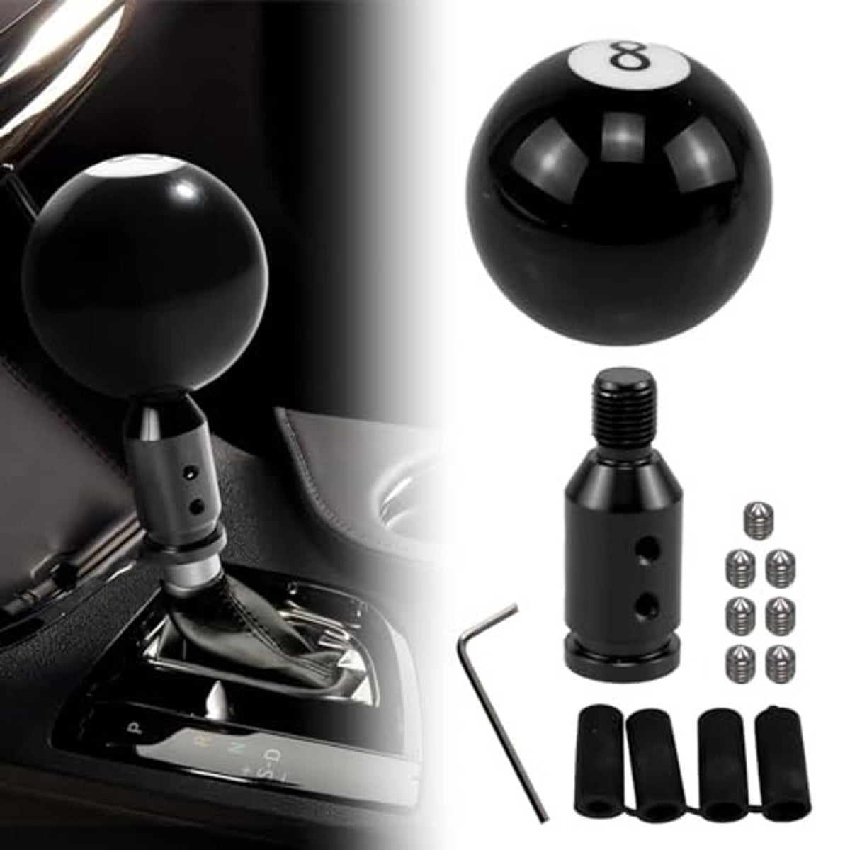 Black 8-ball gear shift knob with threaded base, hex key, and accessory set