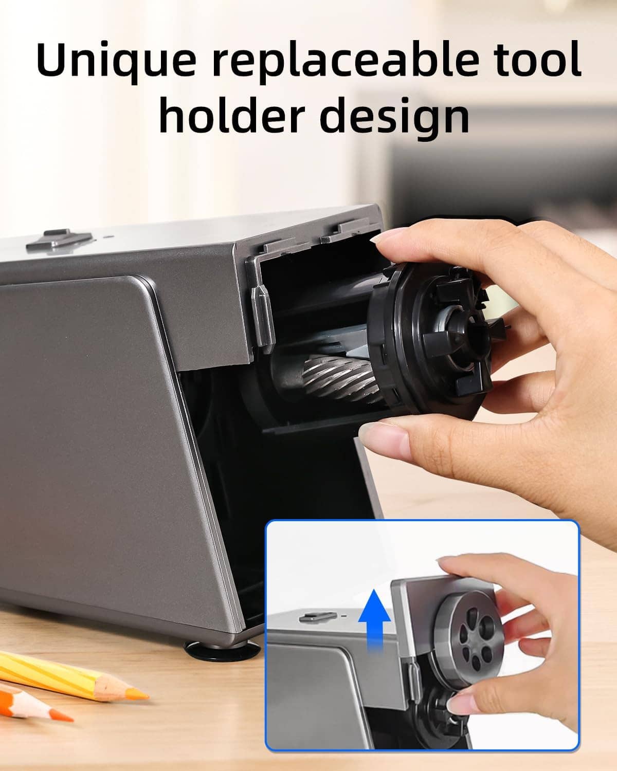 Electric pencil sharpener with open tool holder compartment and 6-hole drum