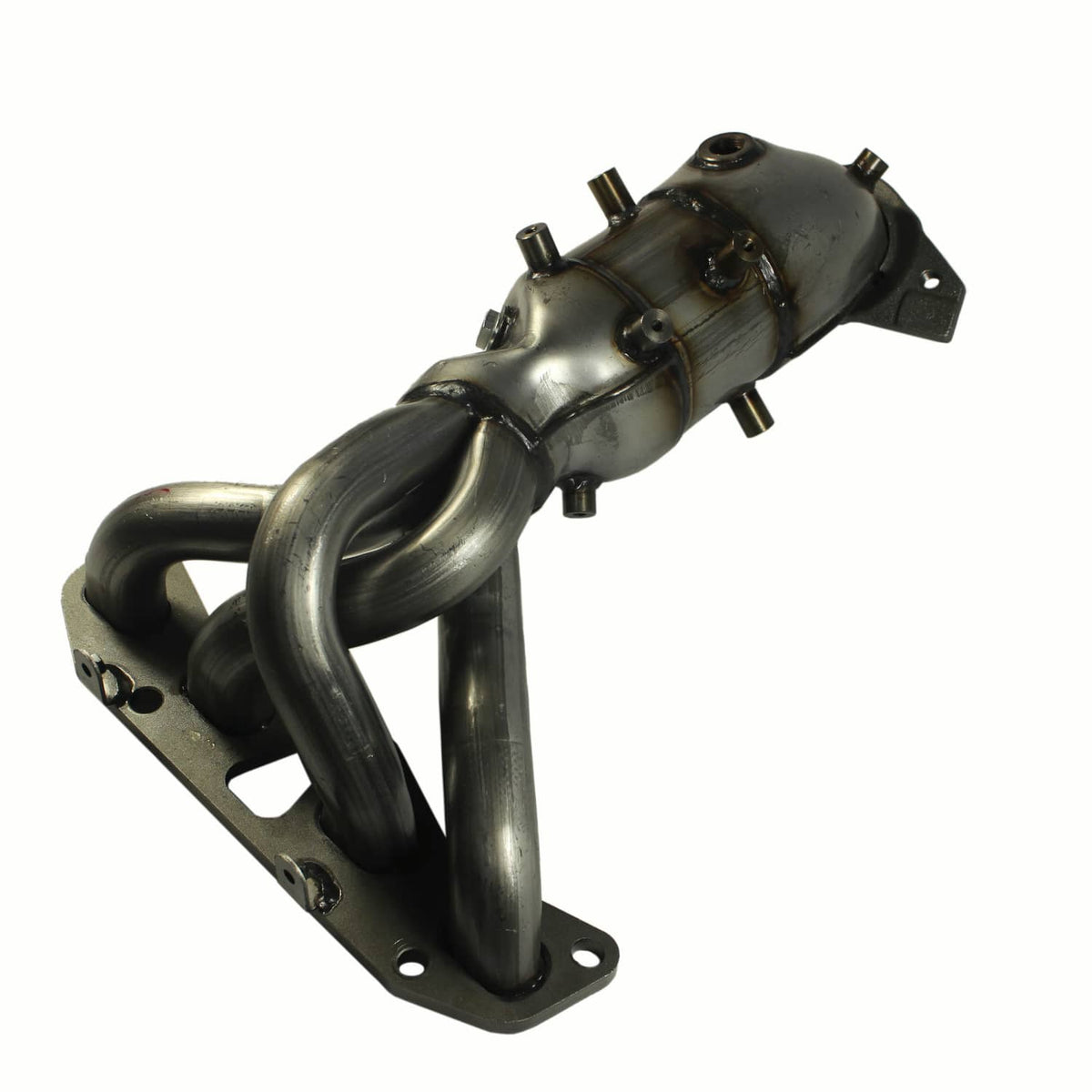 Exhaust manifold with catalytic converter and heat-shield style housing, metallic finish