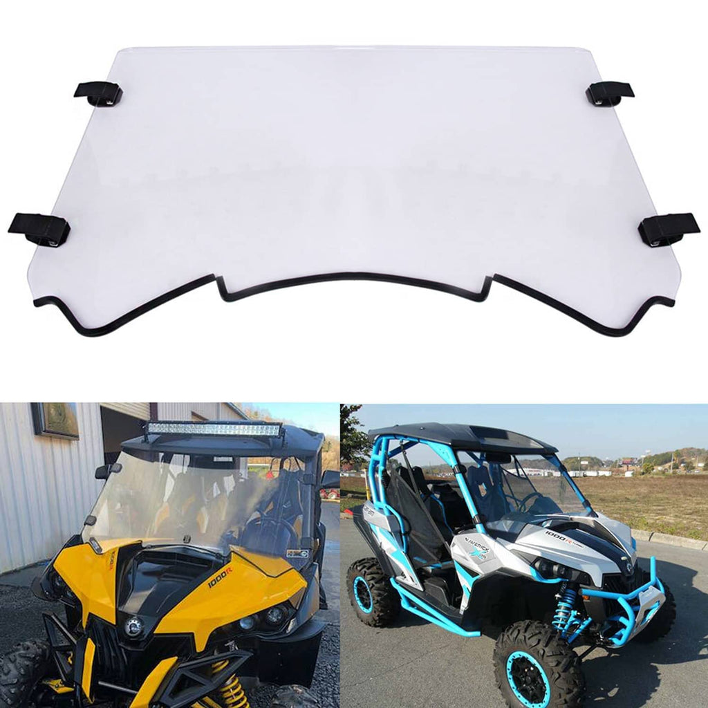 Clear full windshield panel with black mounting tabs, shown on yellow and blue UTVs