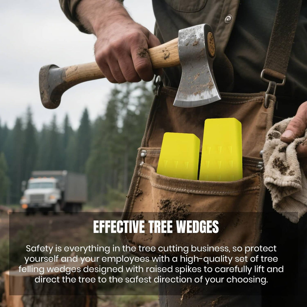 Yellow tree felling wedges with spike teeth stored in a belt pouch