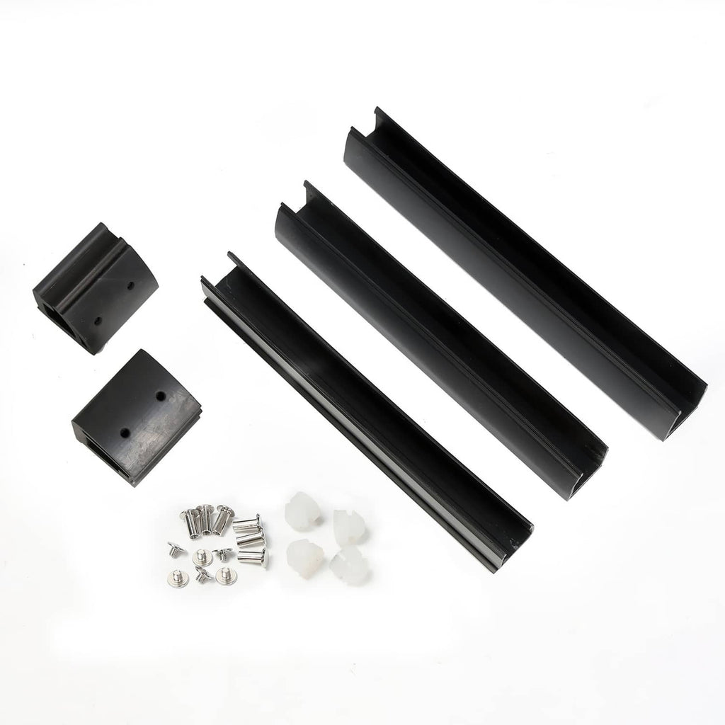 Set of black mounting brackets, screws, and clips for folding windshield