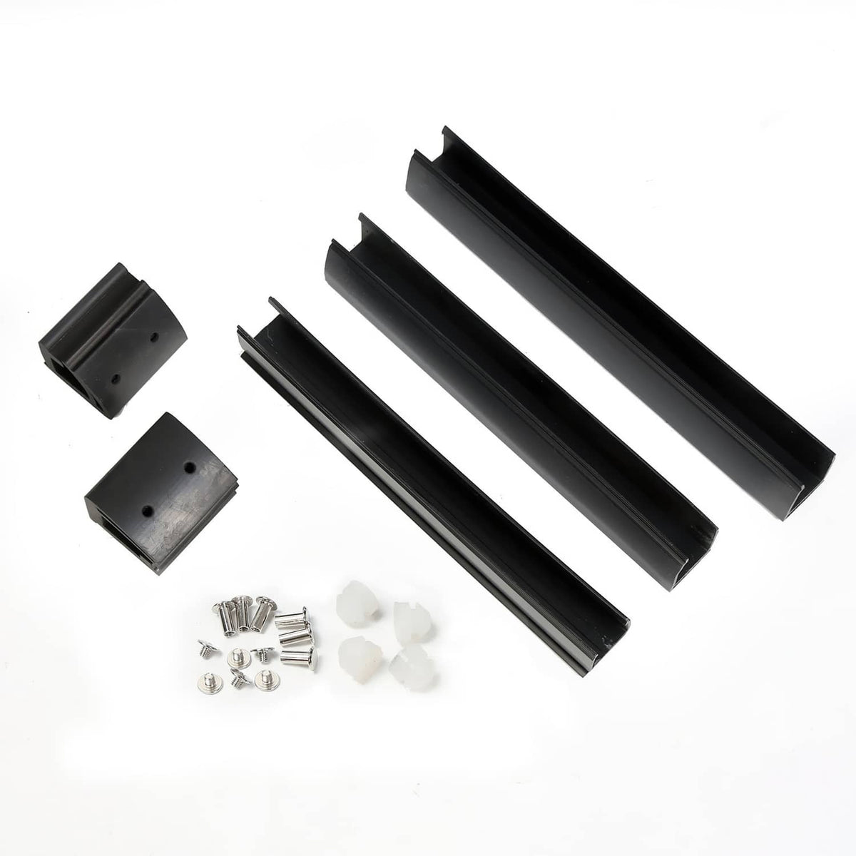 Set of black mounting brackets, screws, and clips for folding windshield
