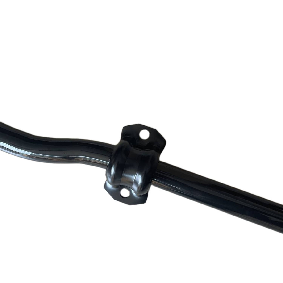 Close-up of black sway bar bracket with mounting hardware