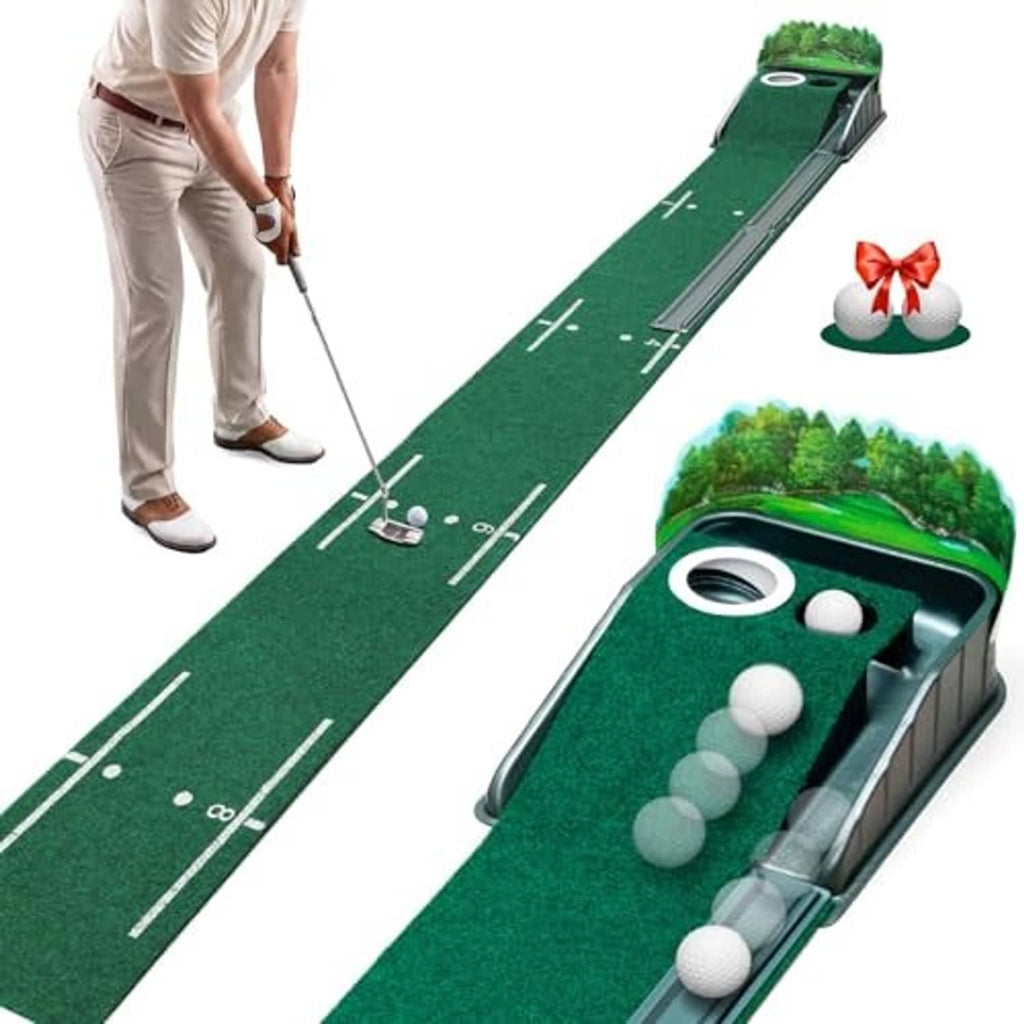Indoor putting green mat with dual holes, ball return lane, and golfer setup