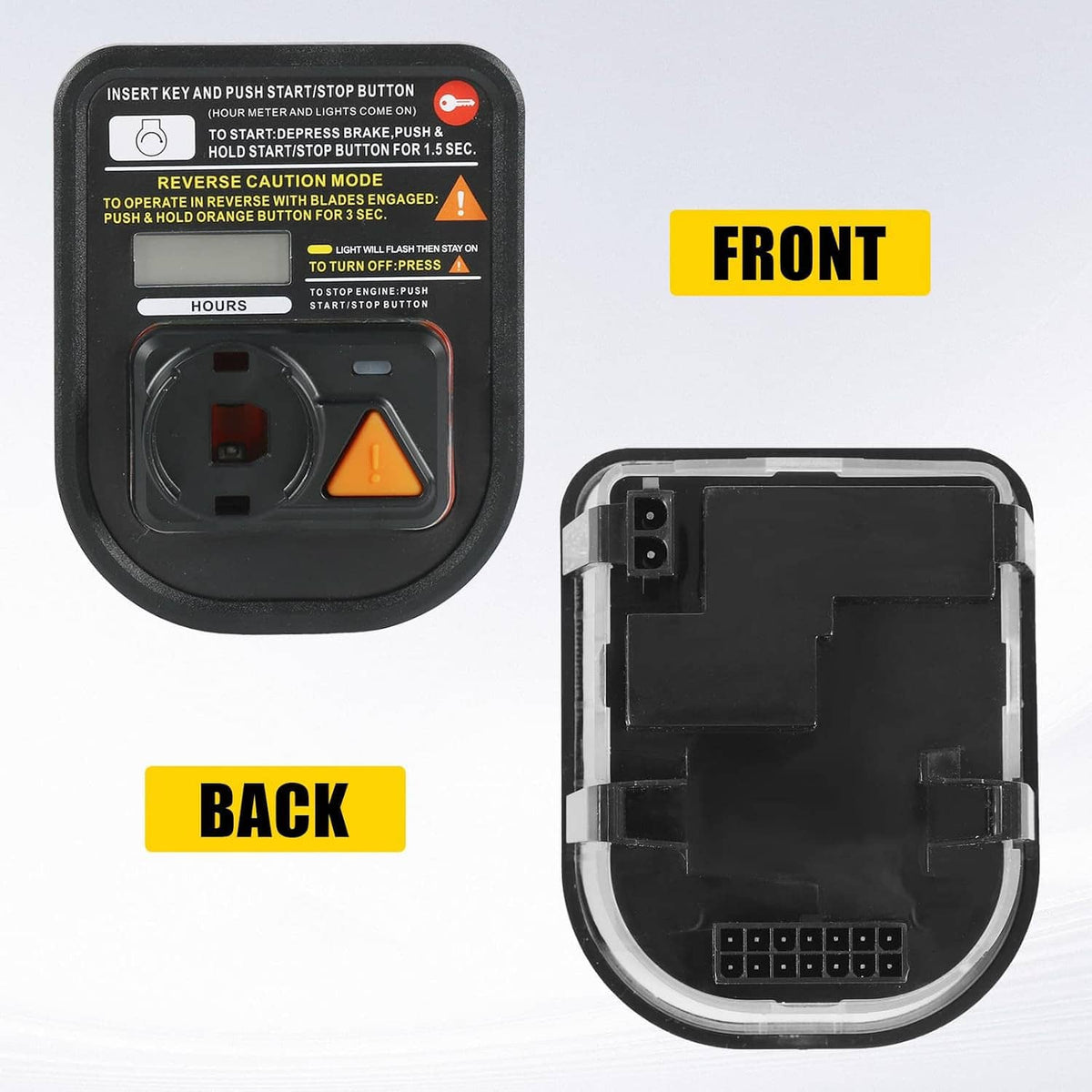 Hour service meter module front face and rear connector pins for wiring