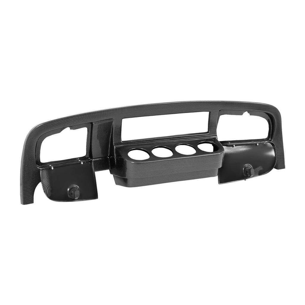 Dark dashboard dash cover insert with three round openings and mounting tabs on corners
