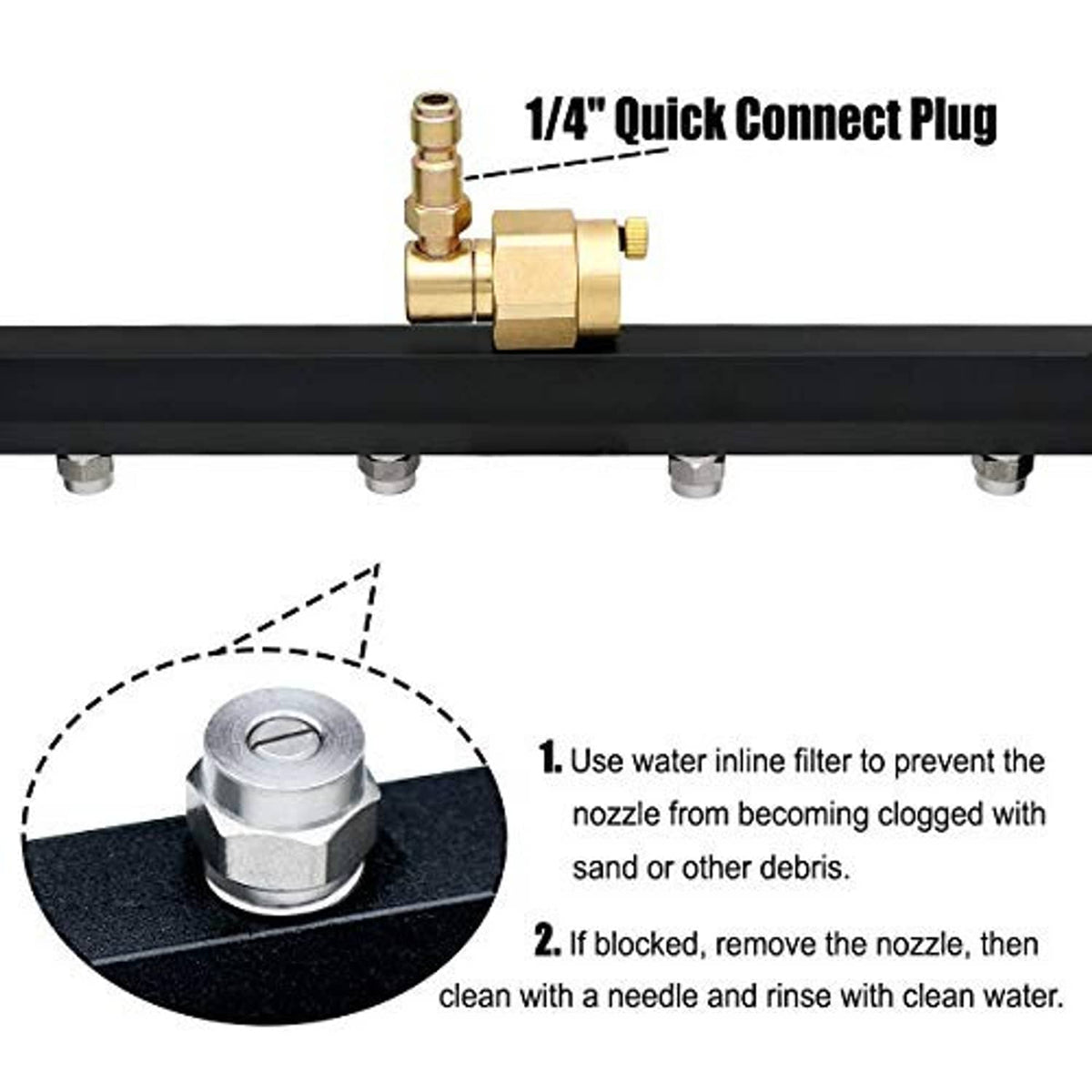 Pressure washer undercarriage cleaner quick-connect fitting on black bar