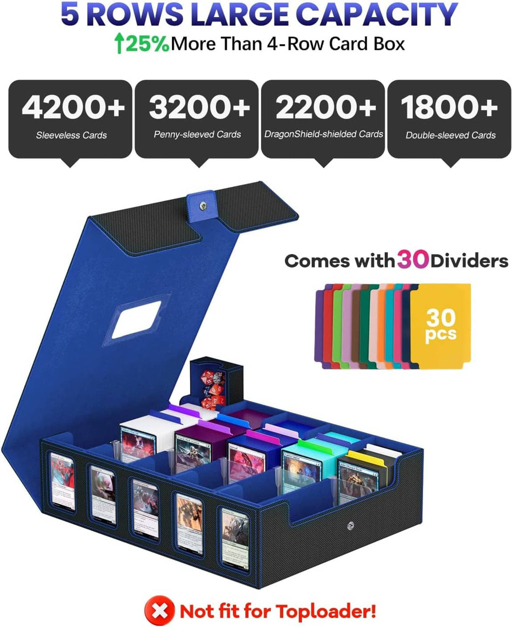 Blue 5-row card storage box with open tray and colorful card dividers