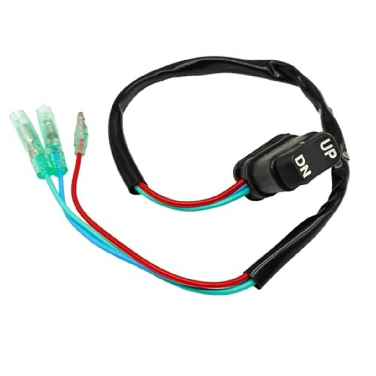 Trim & tilt switch on wiring harness, marked UP and DN with multi-wire leads