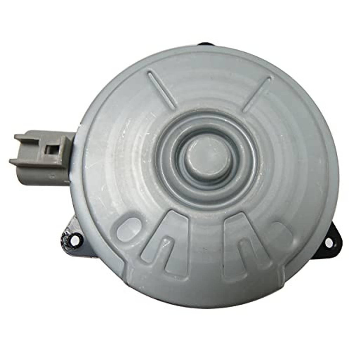 Gray radiator cooling fan motor with circular center cap and side electrical connector