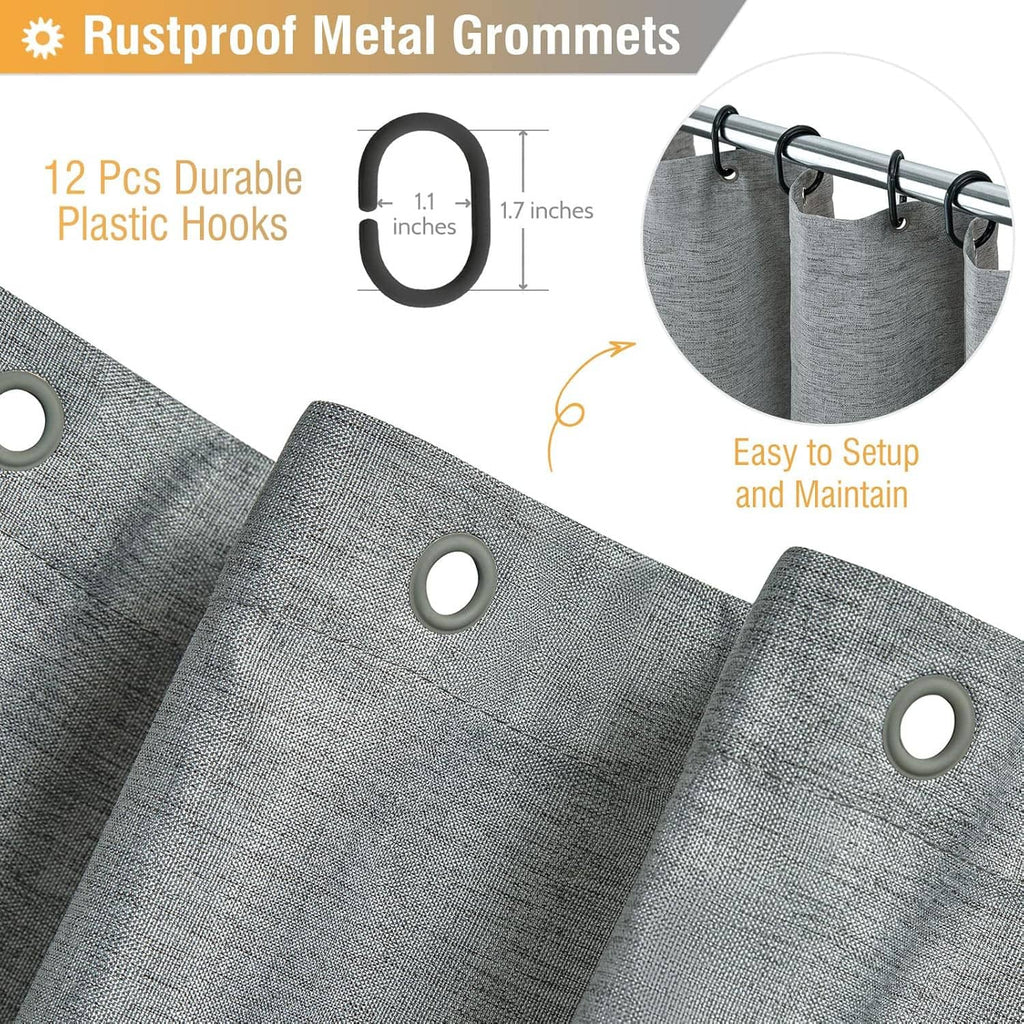 Grey shower curtain fabric with rustproof metal grommets and round eyelet holes