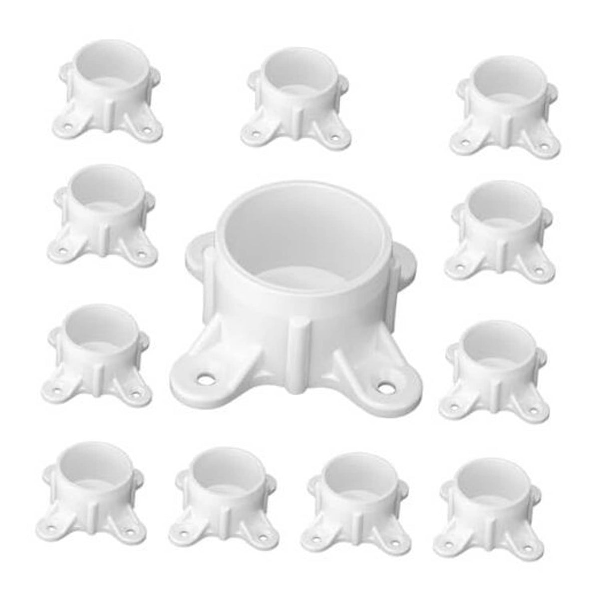 Set of white PVC pipe flange caps with table-screw mounting feet