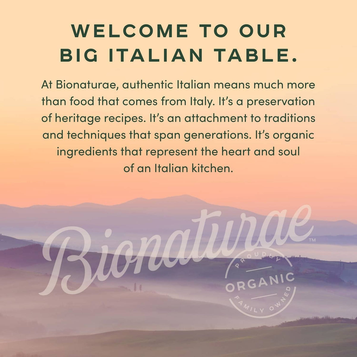 Bionaturae organic welcome banner with landscape background and brand script logo
