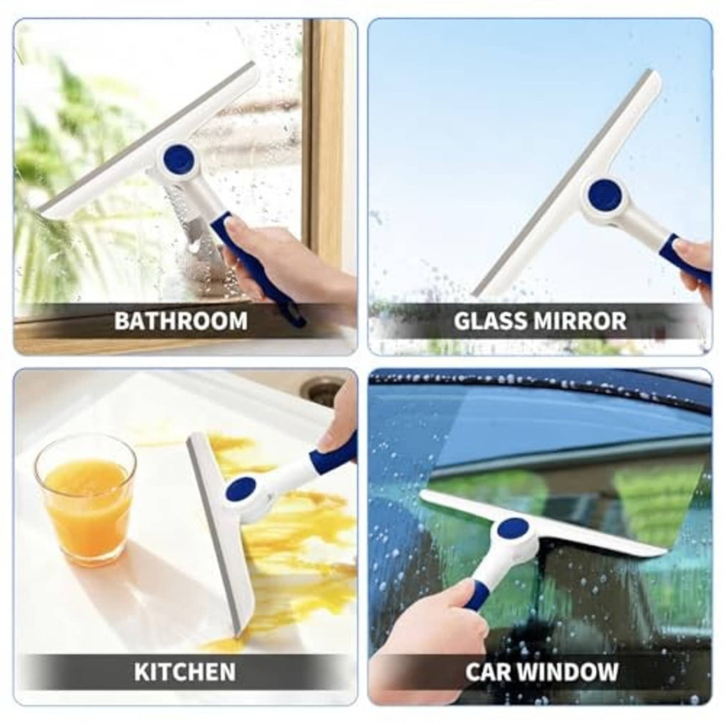 Window squeegee for glass surfaces, blue-and-white handle with gray squeegee blade.