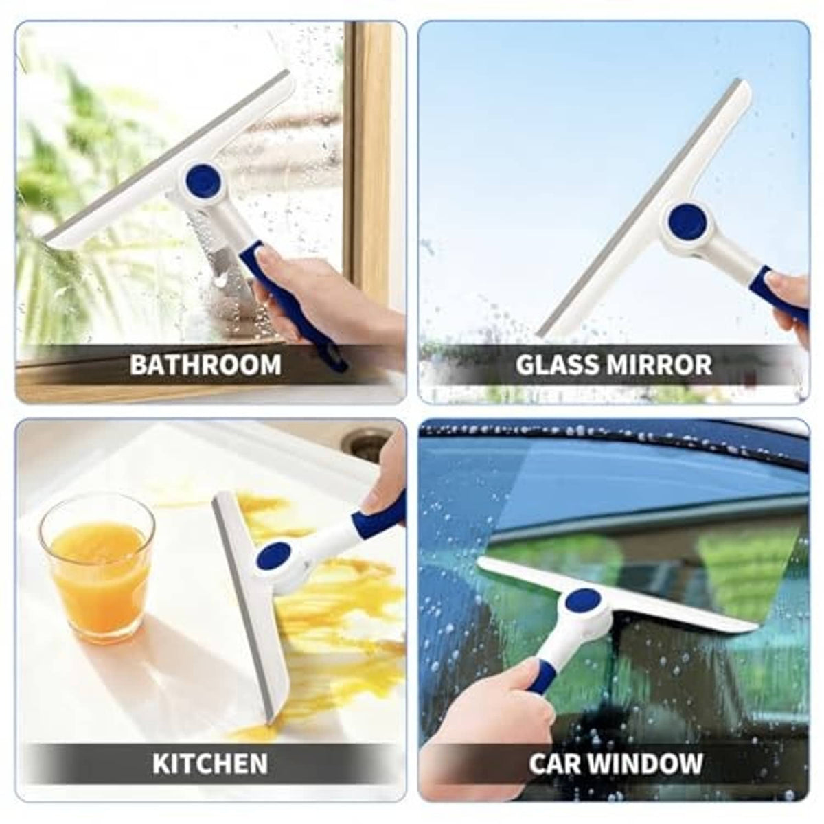 Window squeegee for glass surfaces, blue-and-white handle with gray squeegee blade.