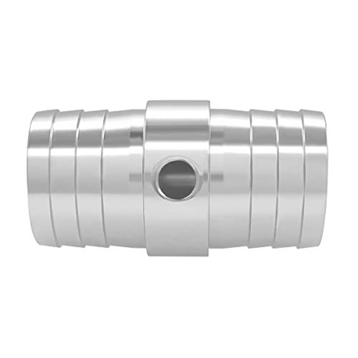 Silver metal hose barb coupler with clamp band and circular inlet port