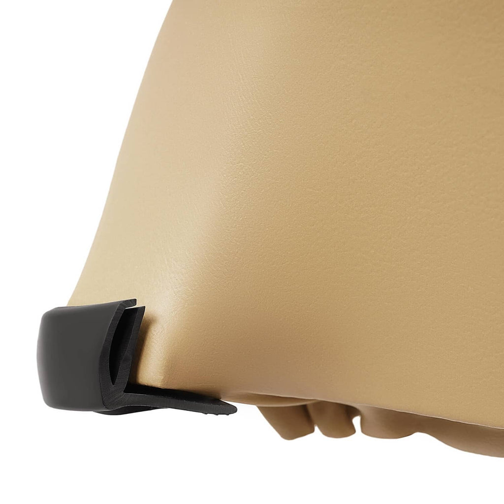 Tan cushion corner with black plastic side bracket and molded edge