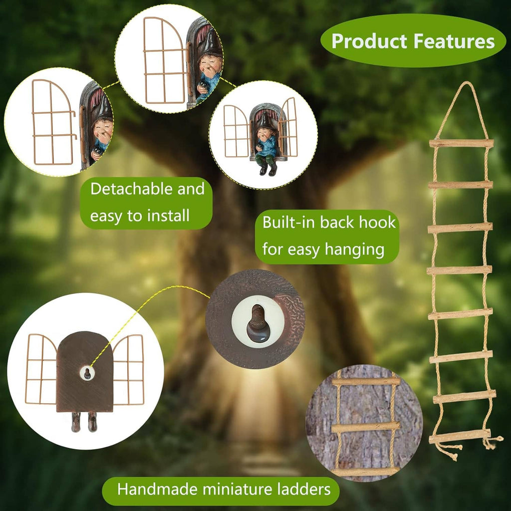 Miniature ladder garden gnome with built-in back hook for easy hanging