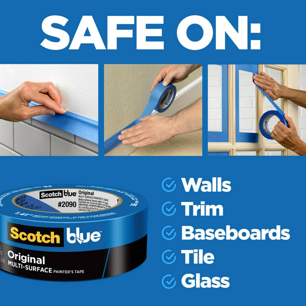 Blue ScotchBlue painter's tape rolls with safe-on surface icons for walls, trim, baseboards