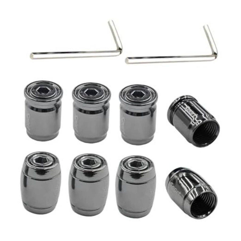 Set of black tire valve stem caps with anti-theft cores and two L-shaped keys