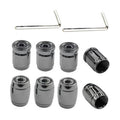 Set of black tire valve stem caps with anti-theft cores and two L-shaped keys
