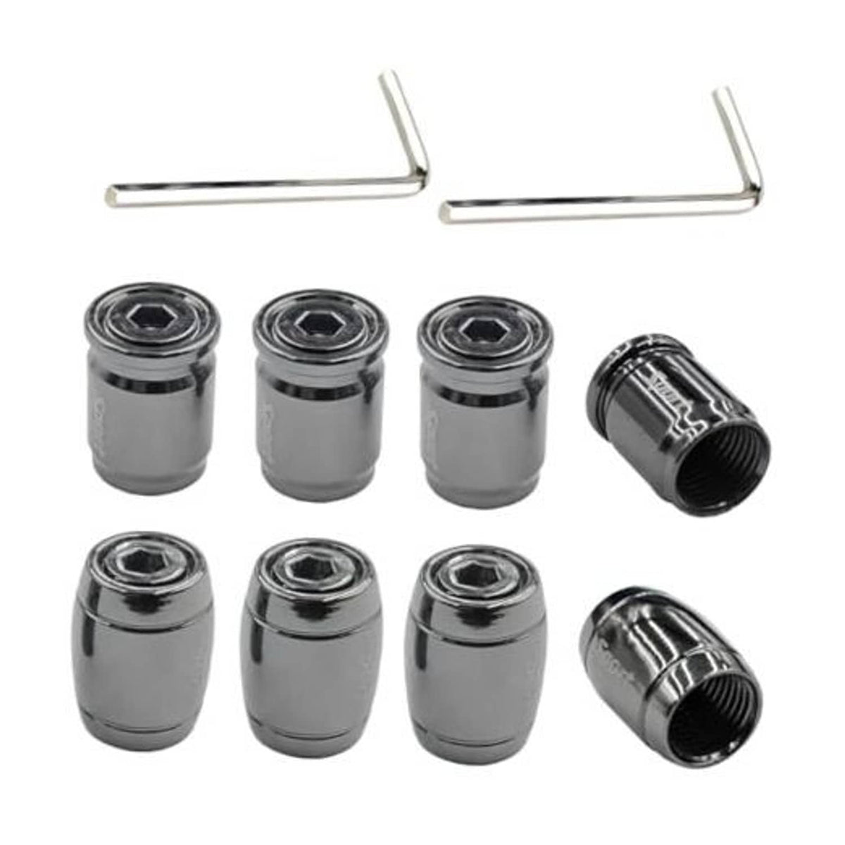 Set of black tire valve stem caps with anti-theft cores and two L-shaped keys