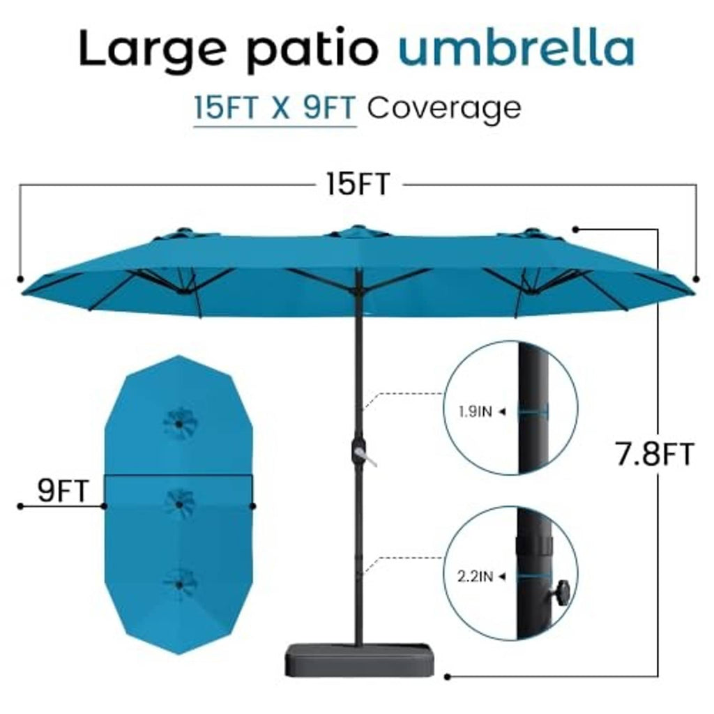 Teal patio umbrella diagram with dimensions 15ft x 9ft coverage and height 7.8ft