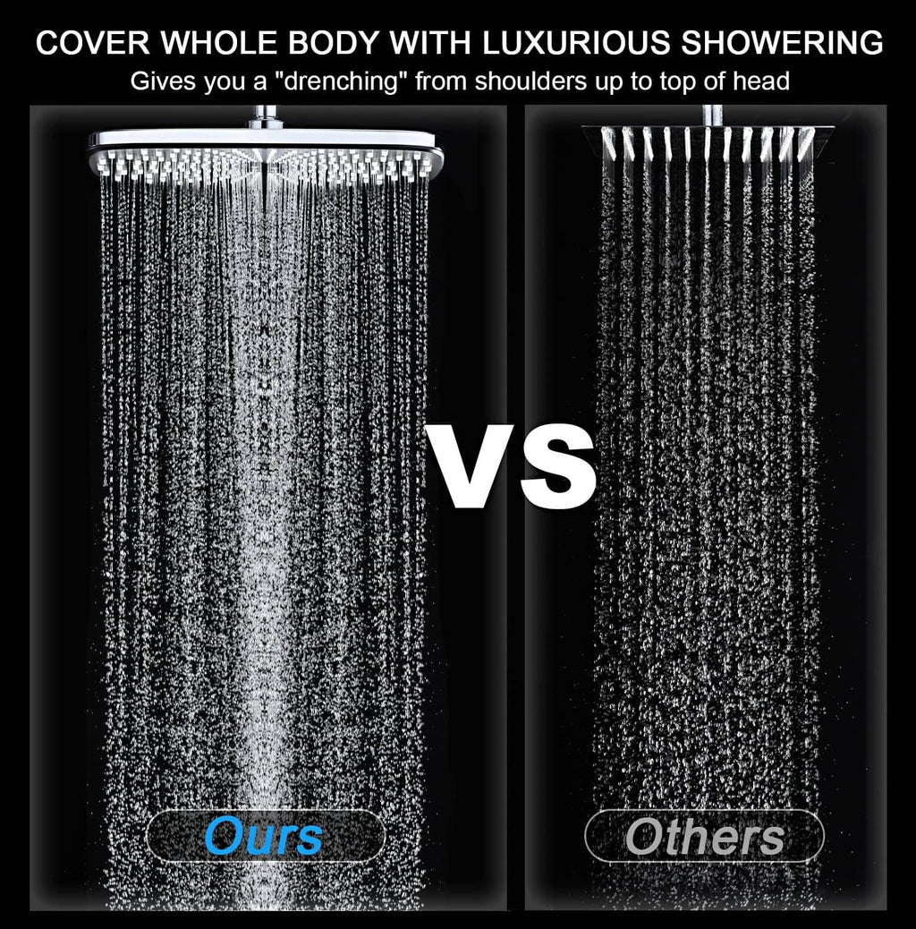 Overhead rain shower head showing wide full-body spray coverage