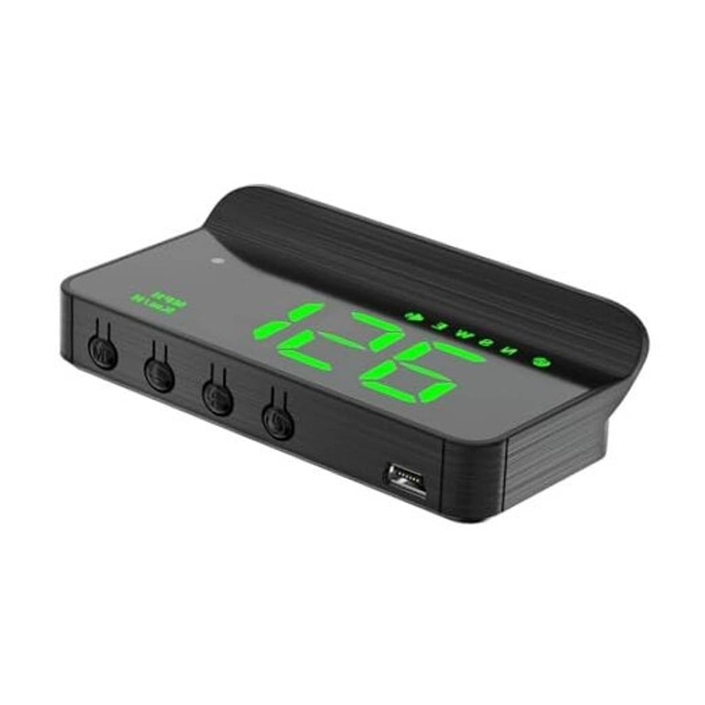 Black car heads-up display unit with green speed digits and side button controls
