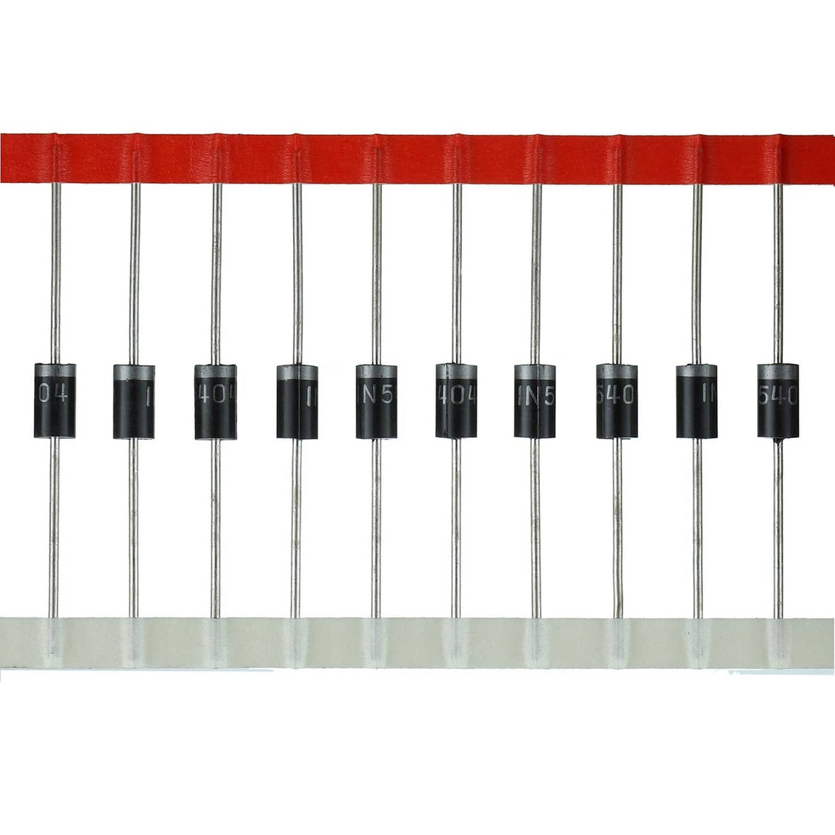 Axial rectifier diodes, black cylindrical body with metal leads (pack of multiple).