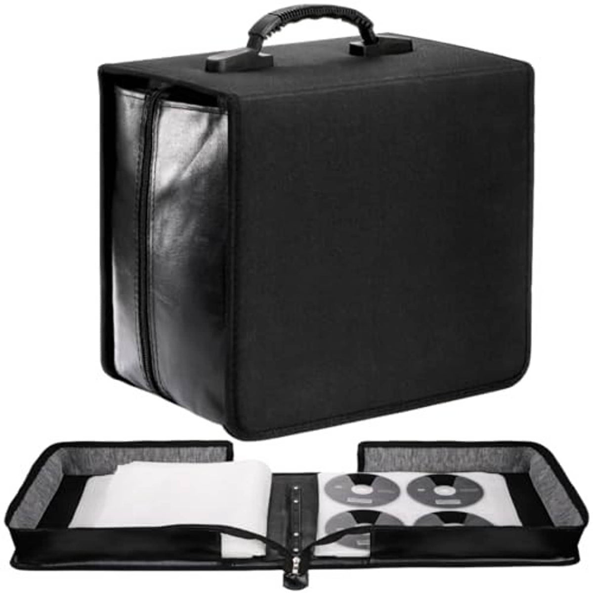 Black CD/DVD binder storage case with top handle; open base reveals disc sleeves
