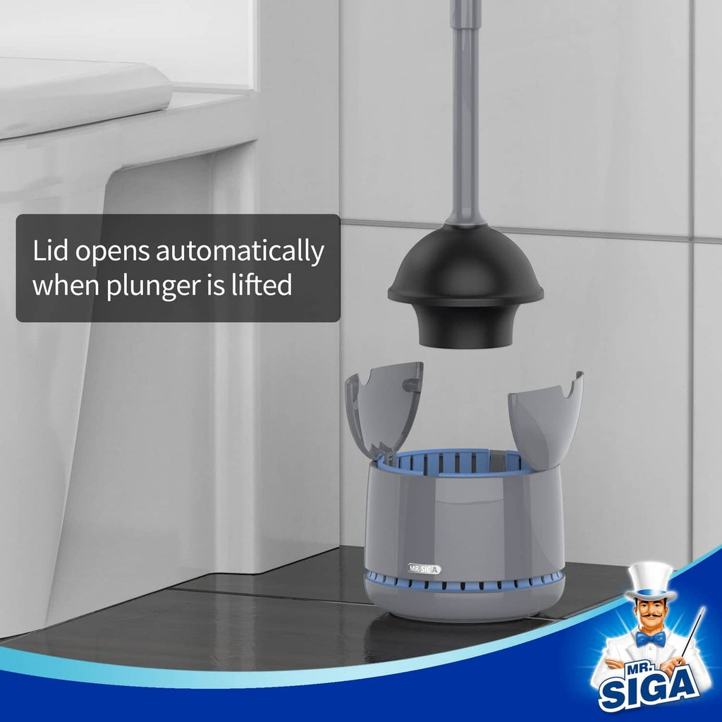 MR.SIGA toilet plunger with holder, black plunger head and gray bucket with blue ring